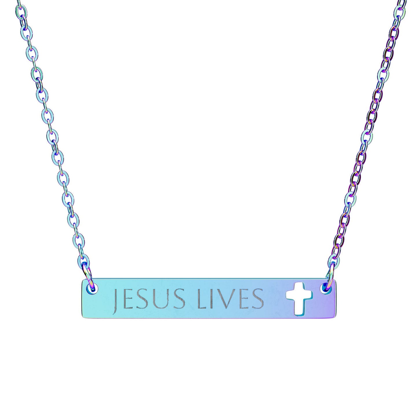 Engraved Cross Bar Jesus Lives Necklace
