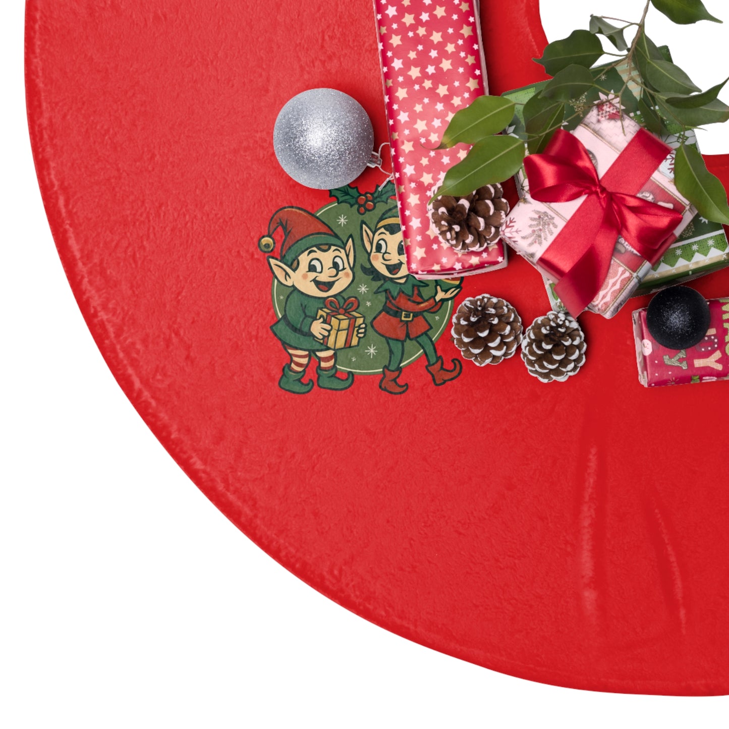 Red Christmas Tree Skirt with Cute Elves, Tree & Candy Cane Holiday Décor