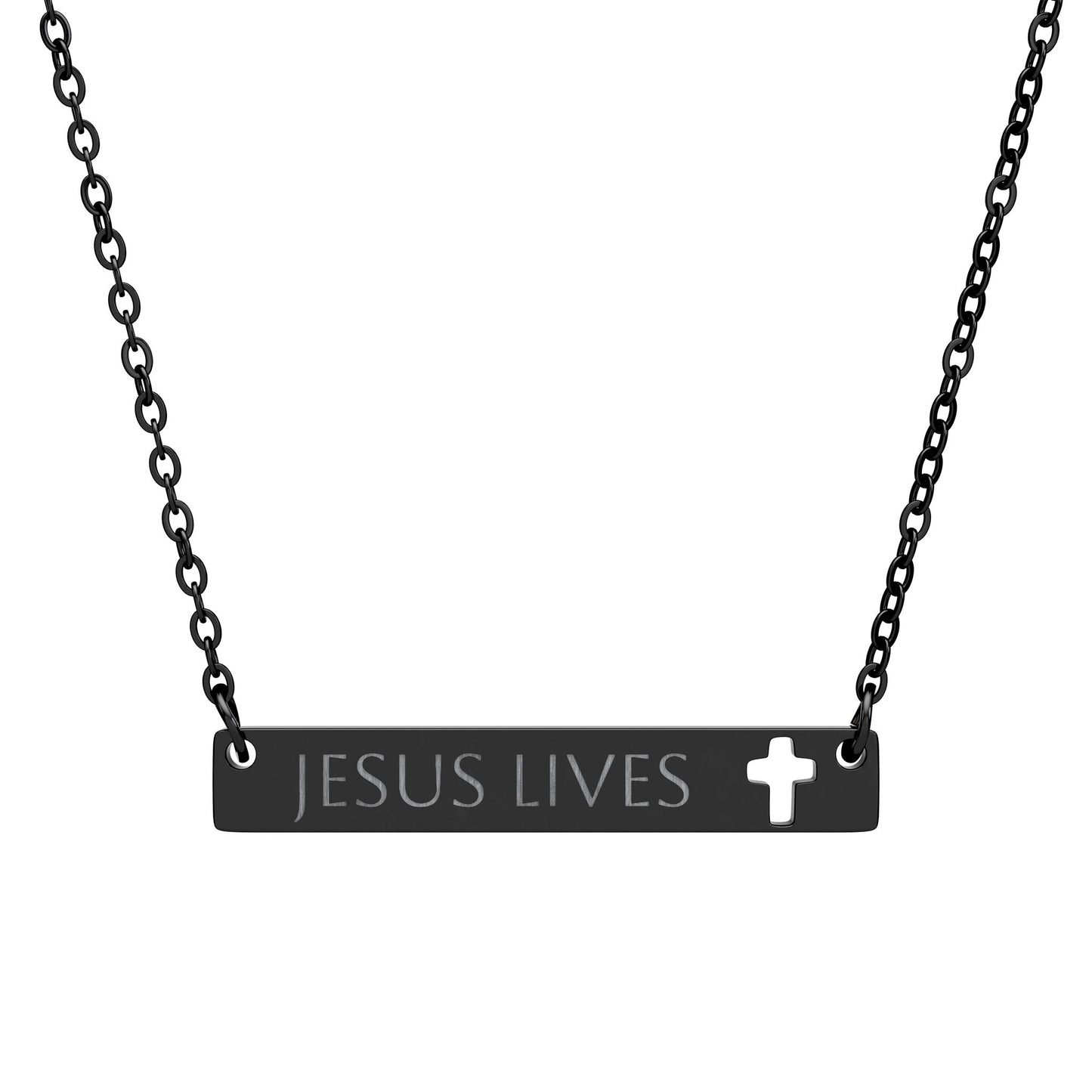 Engraved Cross Bar Jesus Lives Necklace