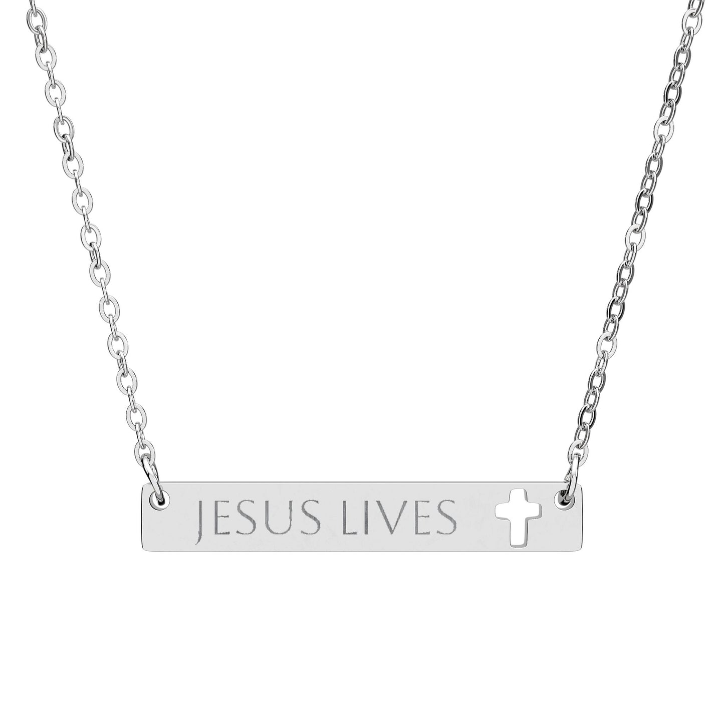 Engraved Cross Bar Jesus Lives Necklace