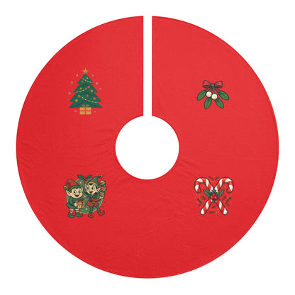 Red Christmas Tree Skirt with Cute Elves, Tree & Candy Cane Holiday Décor
