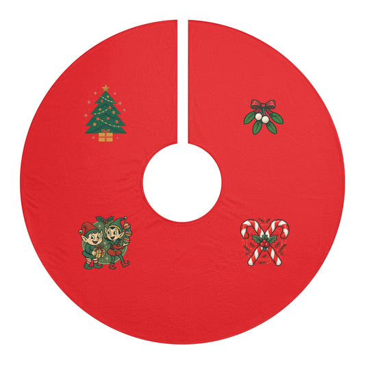 Red Christmas Tree Skirt with Cute Elves, Tree & Candy Cane Holiday Décor