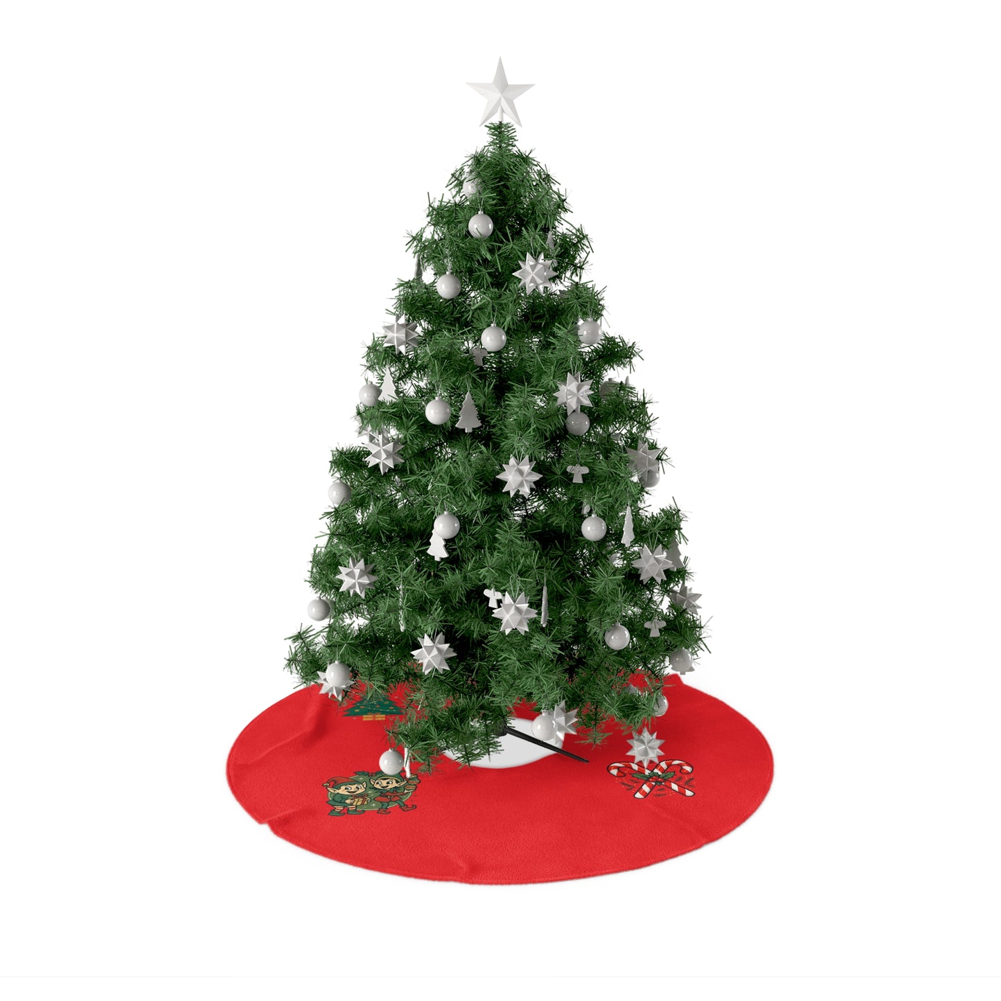 Red Christmas Tree Skirt with Cute Elves, Tree & Candy Cane Holiday Décor