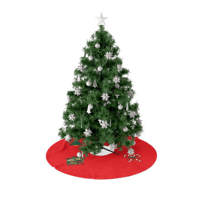 Red Christmas Tree Skirt with Cute Elves, Tree & Candy Cane Holiday Décor